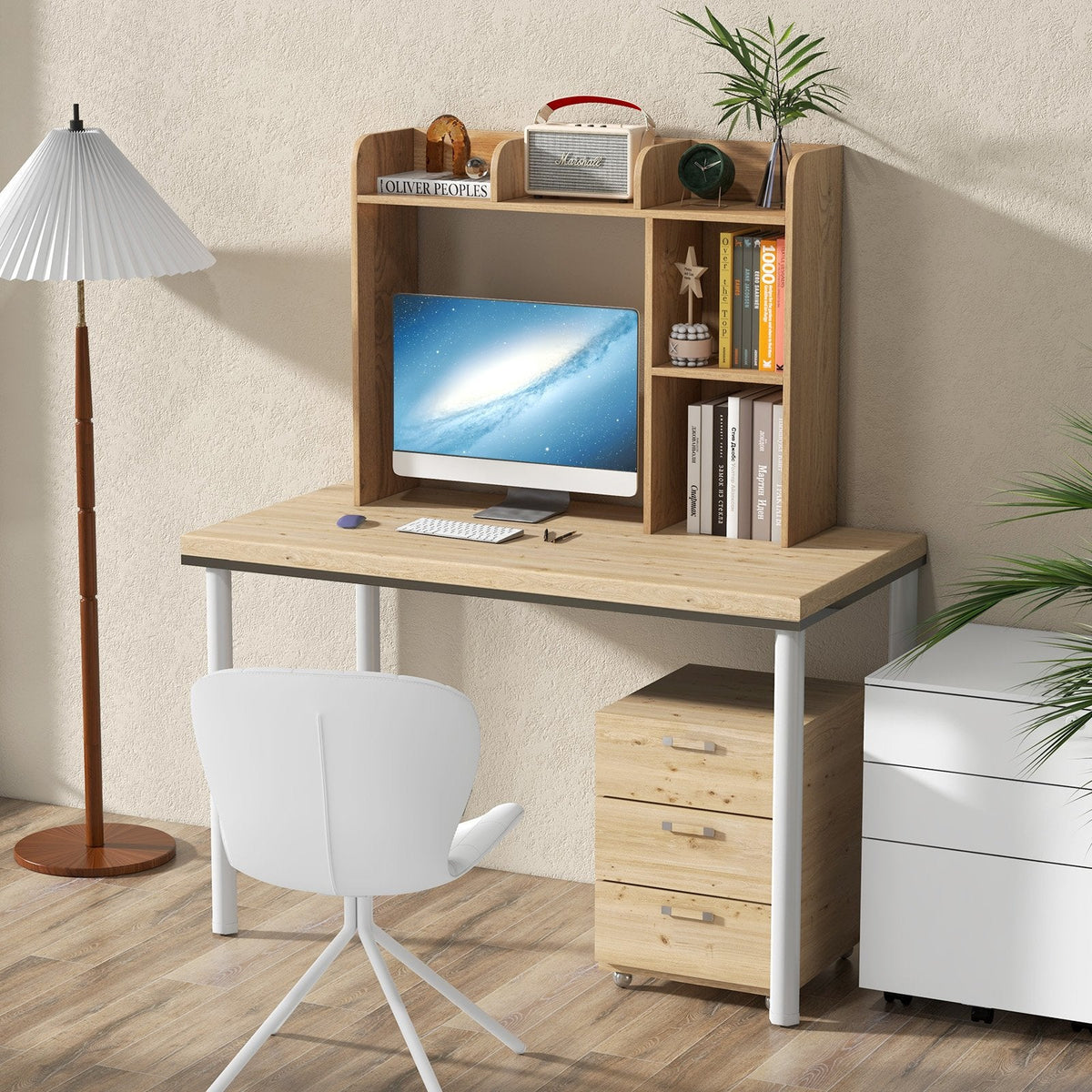 Schreibtisch-Bücherregal und Monitorständer mit offenem Rückfach in natürlicher Holzoptik