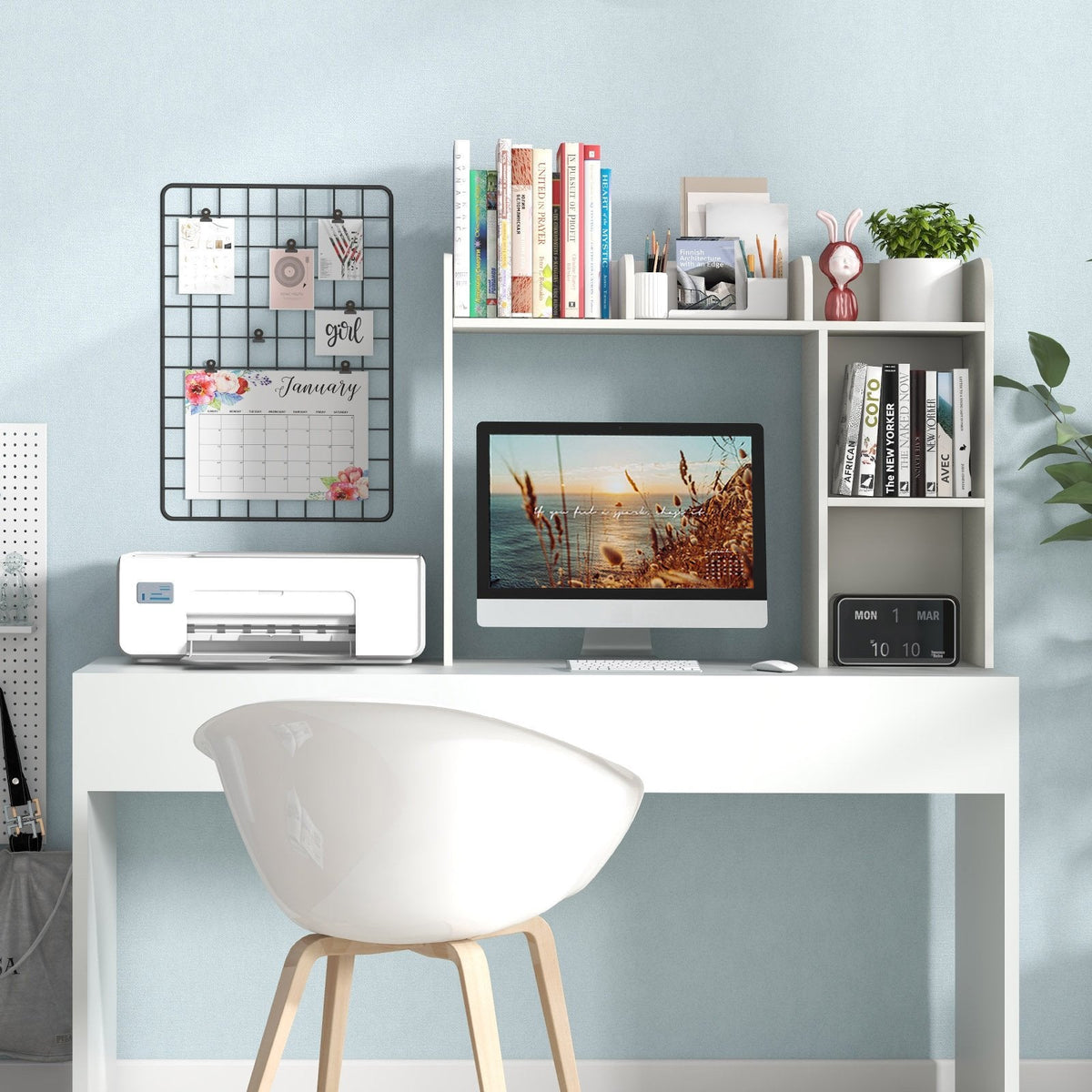 Estantería de escritorio y soporte para monitor con compartimento trasero abierto, blanco