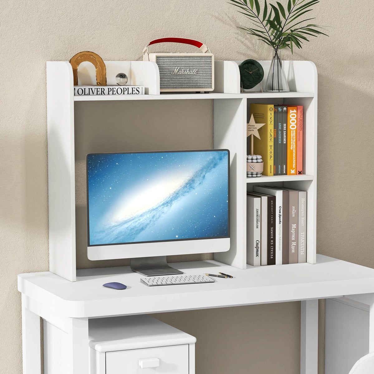 Estantería de escritorio y soporte para monitor con compartimento trasero abierto, blanco