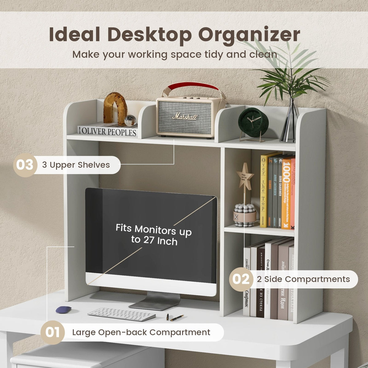 Estantería de escritorio y soporte para monitor con compartimento trasero abierto, blanco