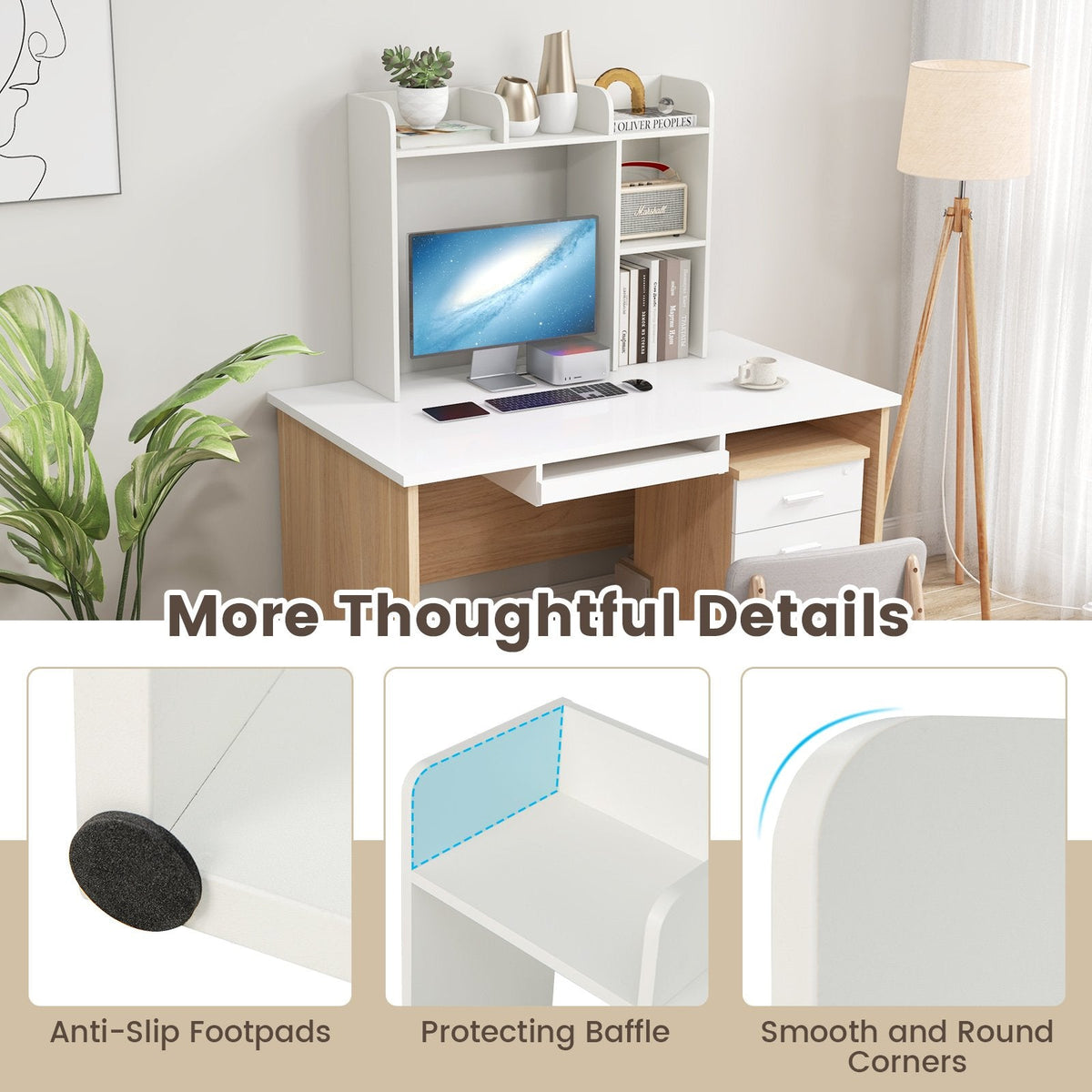 Estantería de escritorio y soporte para monitor con compartimento trasero abierto, blanco