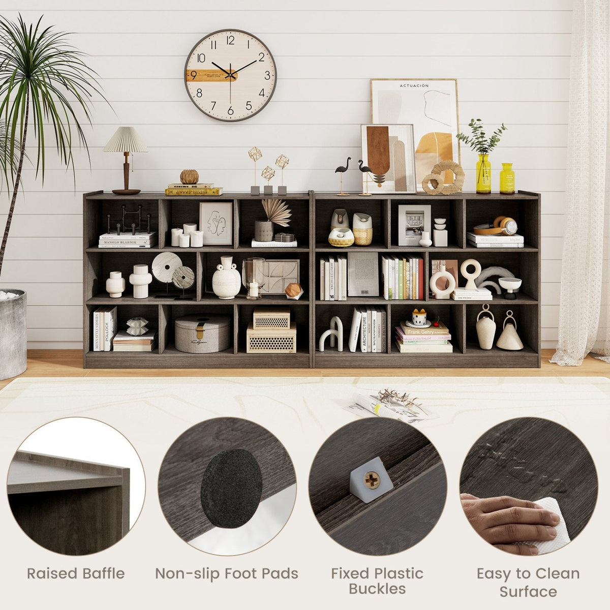Estantería abierta de 3 niveles con 8 cubos, unidad baja de almacenamiento y exhibición, gris