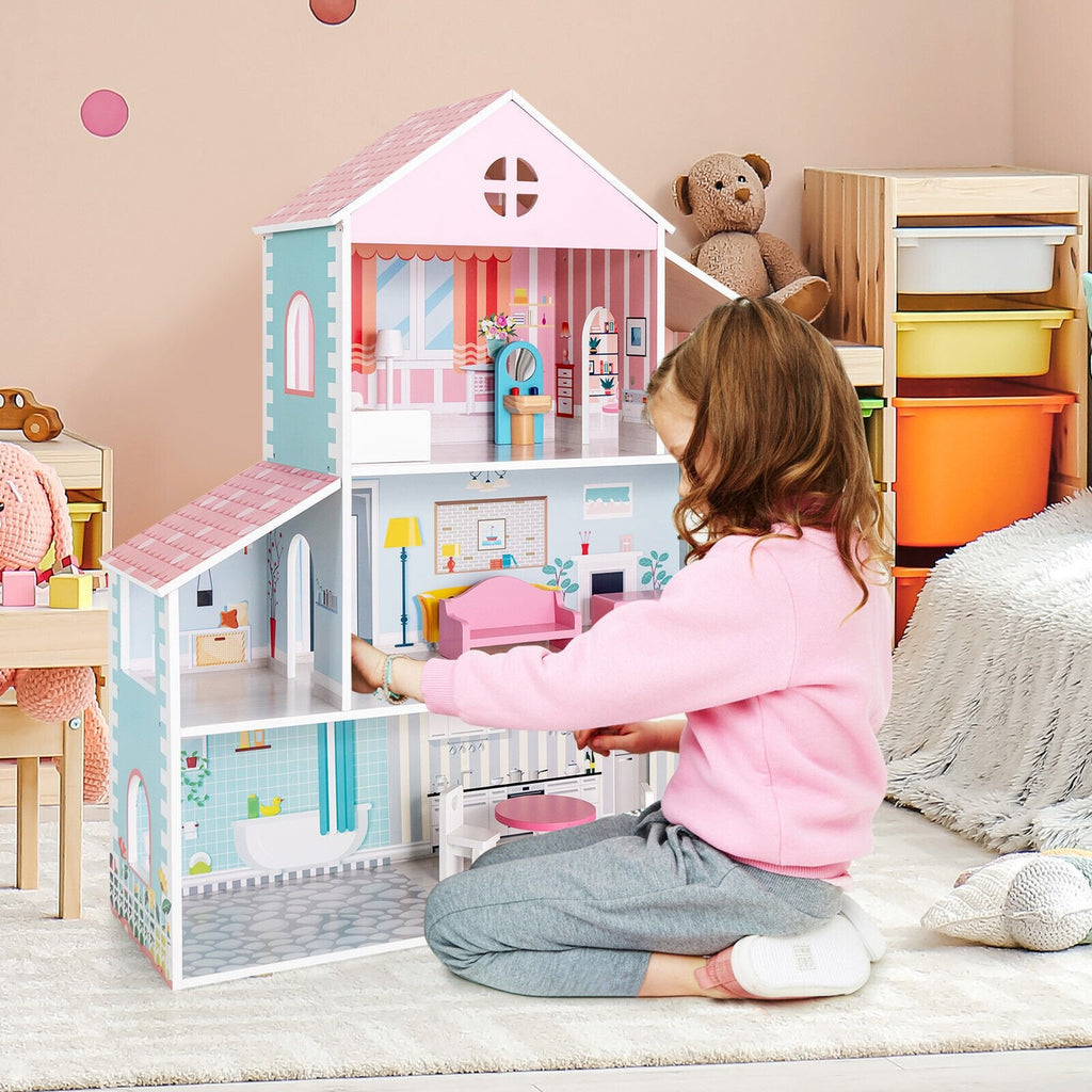 3-stöckiges Puppenhaus für Kleinkinder mit Möbeln, Geschenk für Kinder ab 3 Jahren