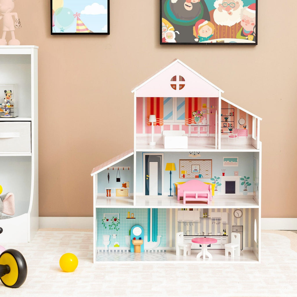 3-stöckiges Puppenhaus für Kleinkinder mit Möbeln, Geschenk für Kinder ab 3 Jahren