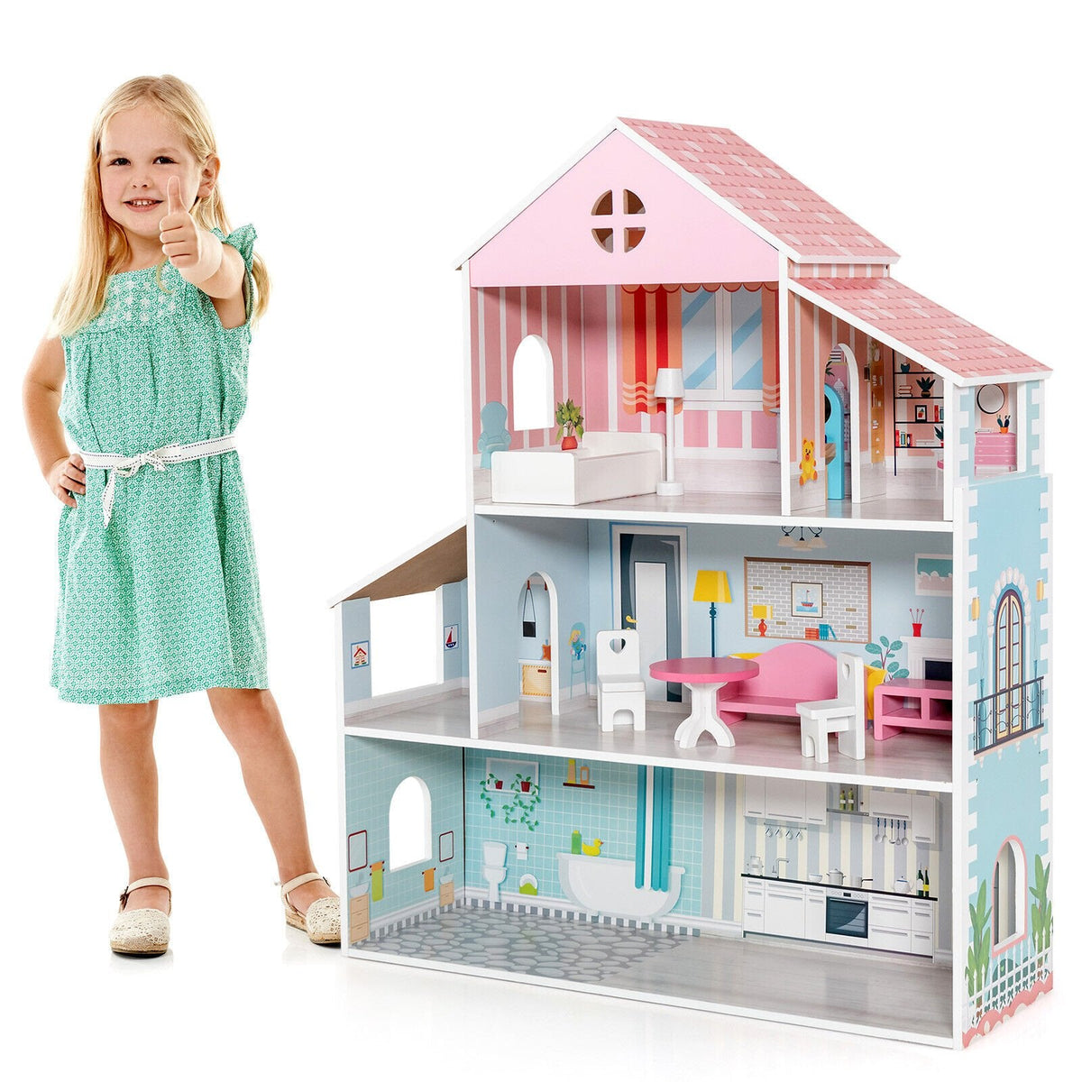 3-stöckiges Puppenhaus für Kleinkinder mit Möbeln, Geschenk für Kinder ab 3 Jahren