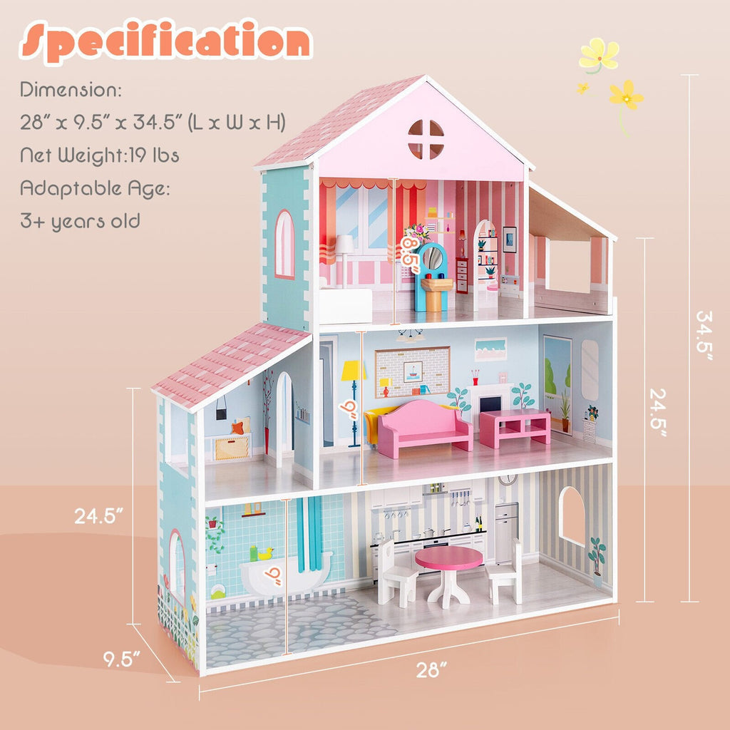 3-stöckiges Puppenhaus für Kleinkinder mit Möbeln, Geschenk für Kinder ab 3 Jahren