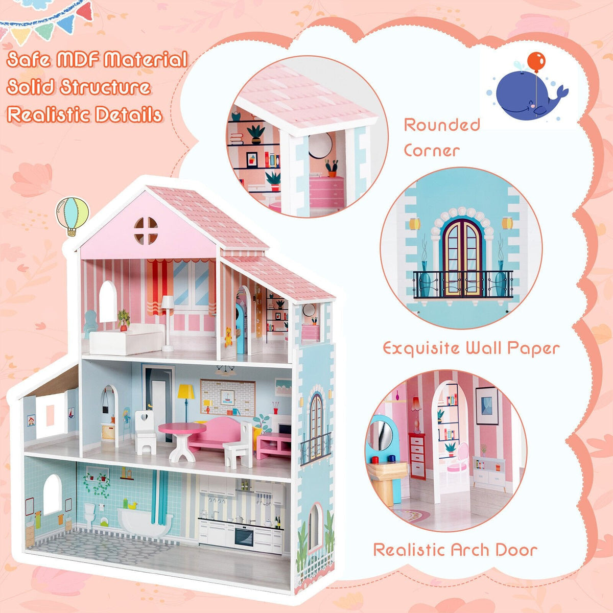 3-stöckiges Puppenhaus für Kleinkinder mit Möbeln, Geschenk für Kinder ab 3 Jahren