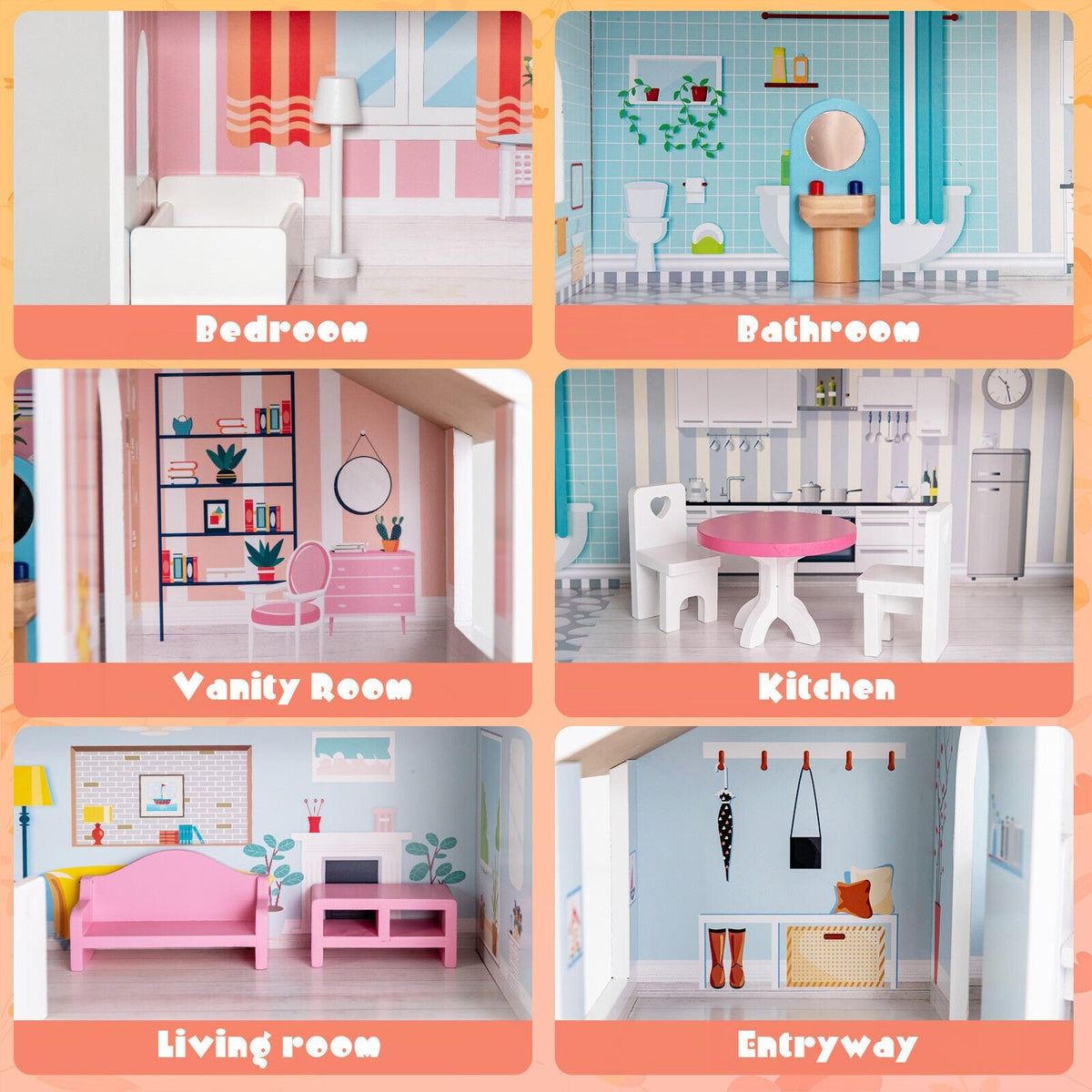 3-stöckiges Puppenhaus für Kleinkinder mit Möbeln, Geschenk für Kinder ab 3 Jahren