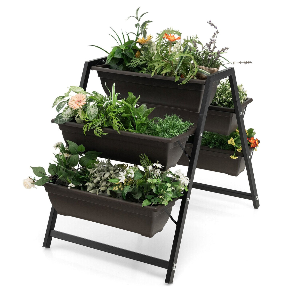 Carré potager vertical surélevé à 3 niveaux avec 5 bacs à plantes, jardinière sur cadre métallique surélevé