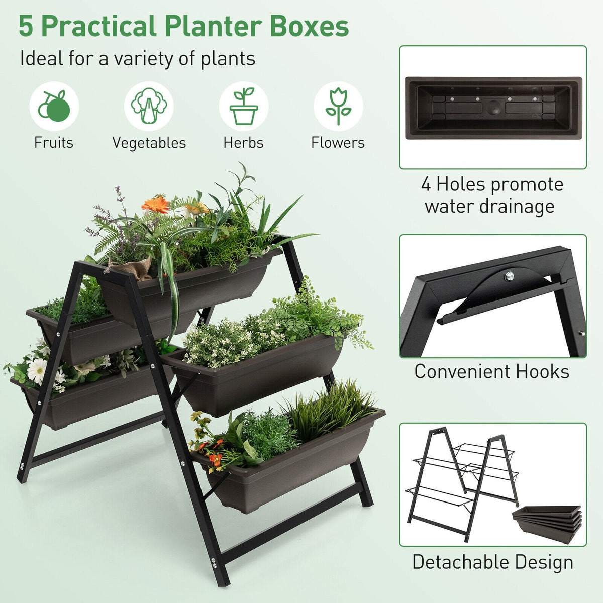 Carré potager vertical surélevé à 3 niveaux avec 5 bacs à plantes, jardinière sur cadre métallique surélevé