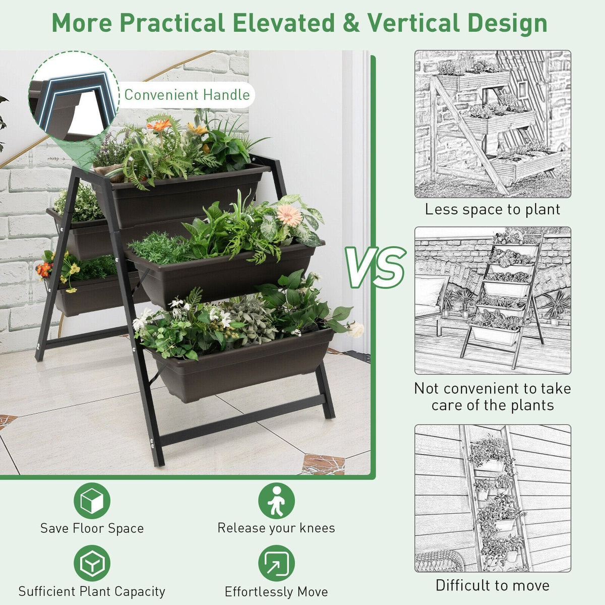Carré potager vertical surélevé à 3 niveaux avec 5 bacs à plantes, jardinière sur cadre métallique surélevé