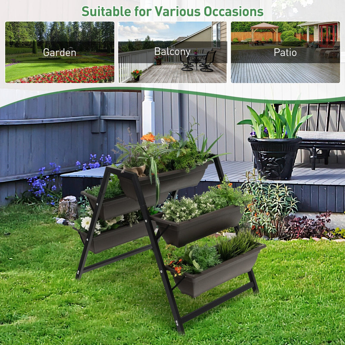 Carré potager vertical surélevé à 3 niveaux avec 5 bacs à plantes, jardinière sur cadre métallique surélevé