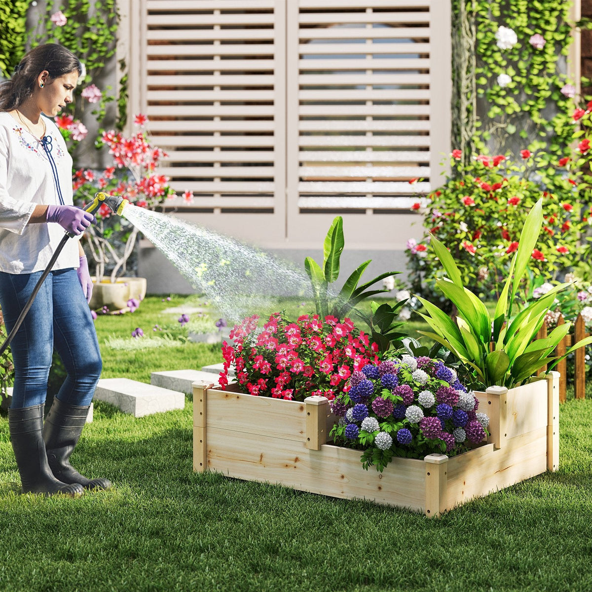 3-stufiges Hochbeet aus Holz mit offenem Boden – Naturfarben