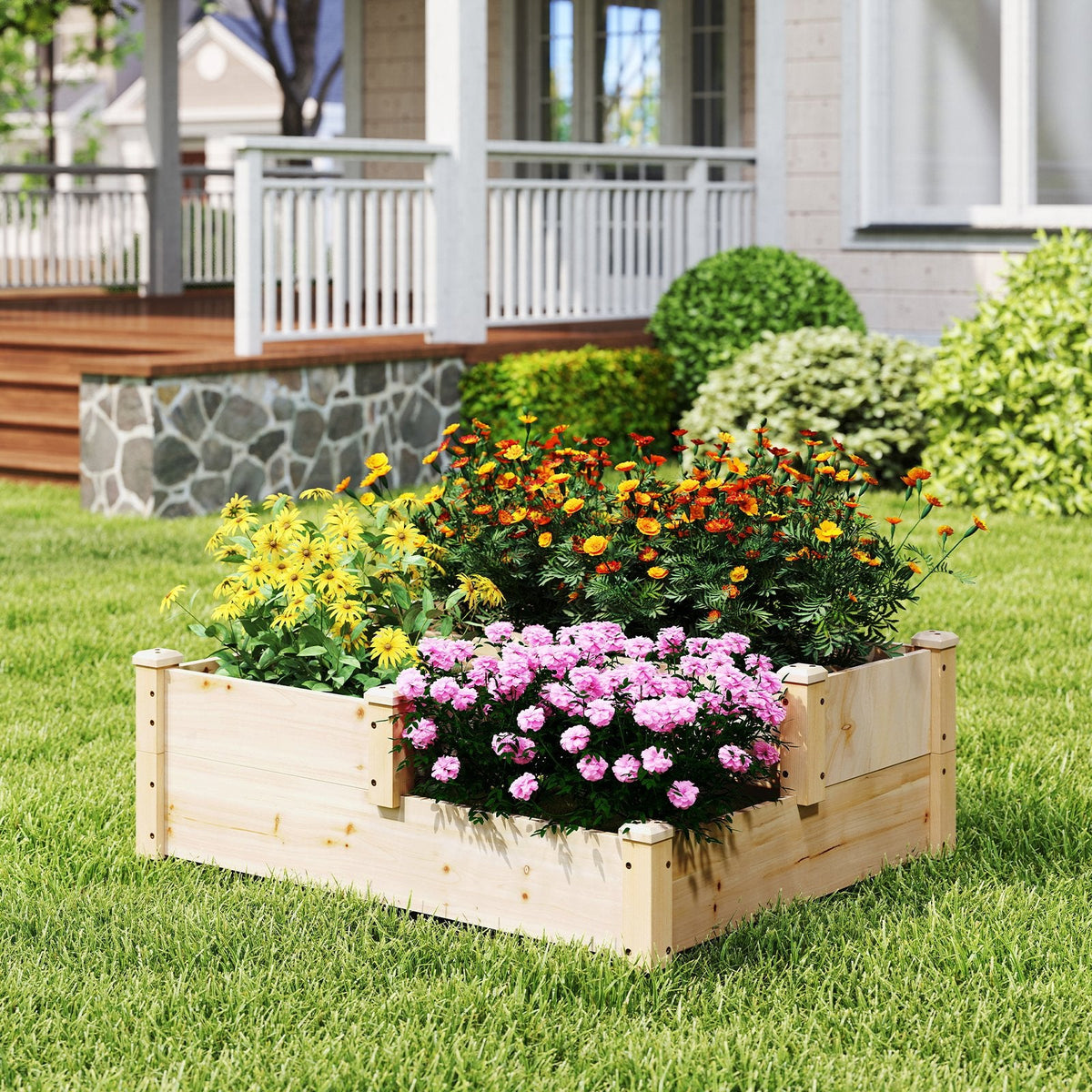 3-stufiges Hochbeet aus Holz mit offenem Boden – Naturfarben