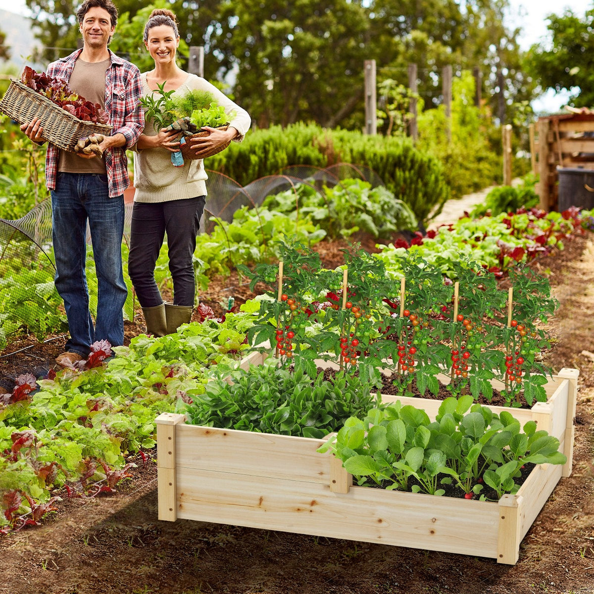 3-stufiges Hochbeet aus Holz mit offenem Boden – Naturfarben