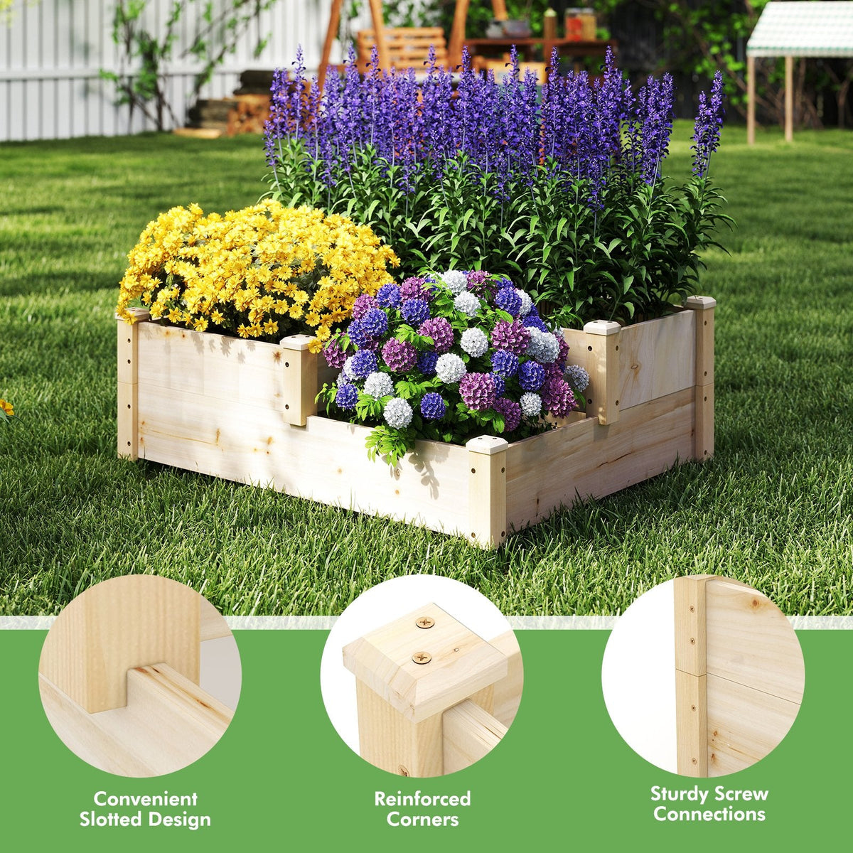 3-stufiges Hochbeet aus Holz mit offenem Boden – Naturfarben