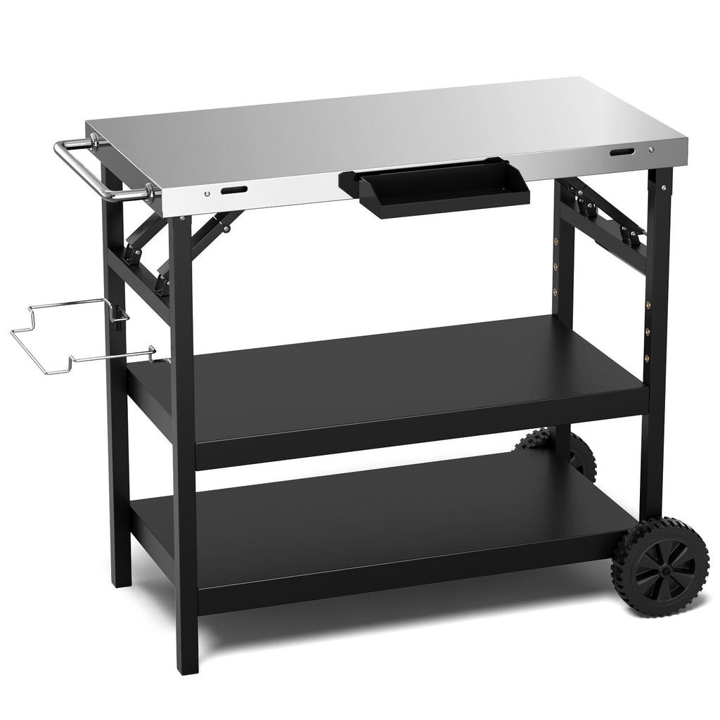 Chariot extérieur pliable à 3 niveaux sur 2 roues avec support de téléphone - Noir