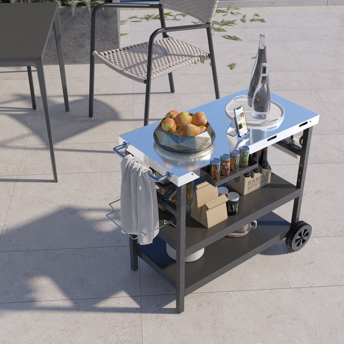 Chariot extérieur pliable à 3 niveaux sur 2 roues avec support de téléphone - Noir