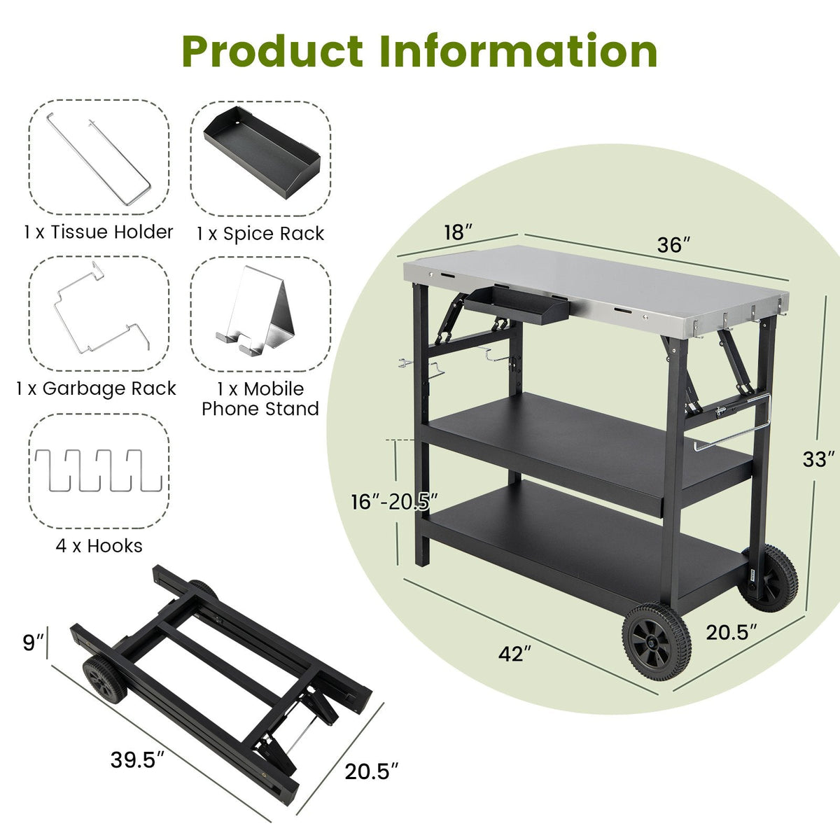 Chariot extérieur pliable à 3 niveaux sur 2 roues avec support de téléphone - Noir