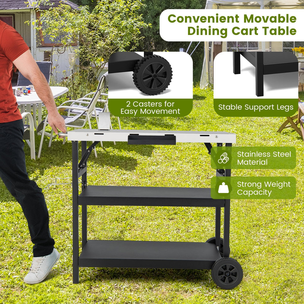 Chariot extérieur pliable à 3 niveaux sur 2 roues avec support de téléphone - Noir