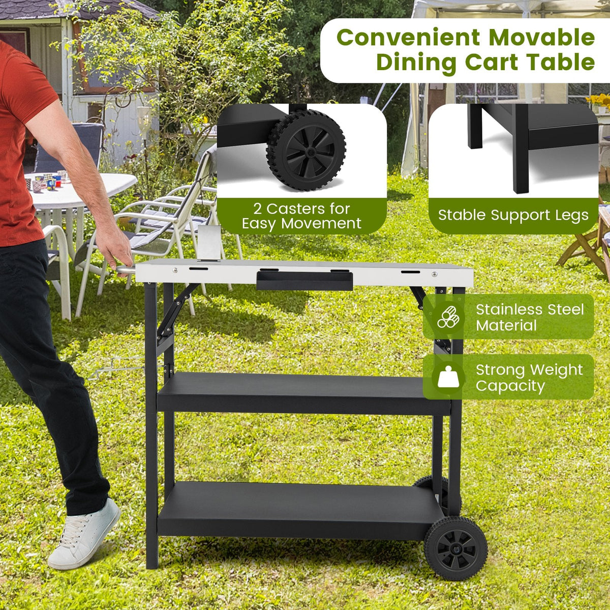Chariot extérieur pliable à 3 niveaux sur 2 roues avec support de téléphone - Noir