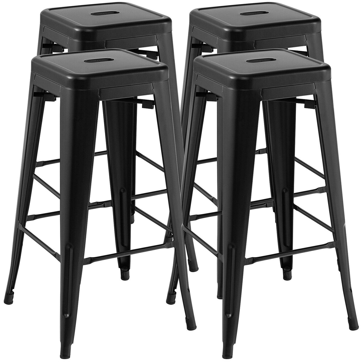 Lot de 4 tabourets de bar empilables en métal noir avec encoche pour repose-pieds, hauteur d’assise de 30 pouces