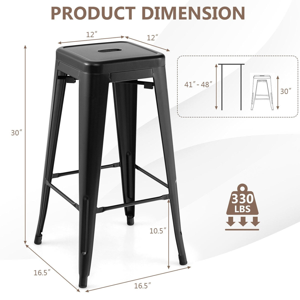 Lot de 4 tabourets de bar empilables en métal noir avec encoche pour repose-pieds, hauteur d’assise de 30 pouces