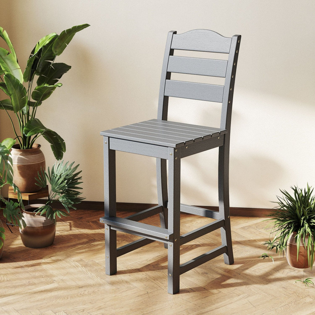 30 Zoll hoher HDPE-Barhocker mit Rücken- und Fußstütze – Grau