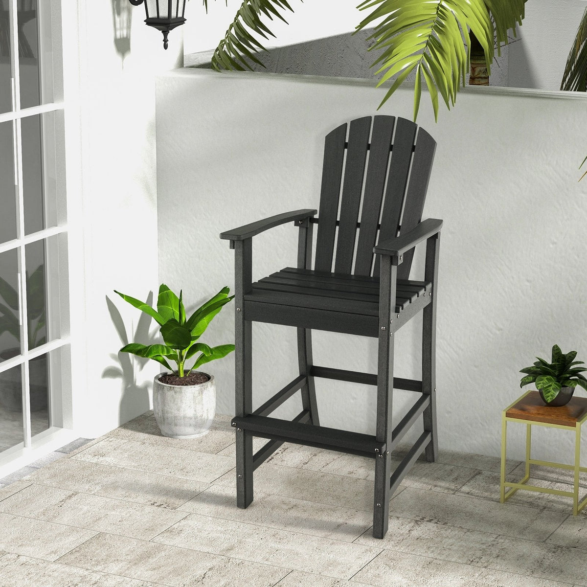 Taburete de bar para exteriores de HDPE con altura de mostrador de 30 pulgadas, reposabrazos y reposapiés - Negro