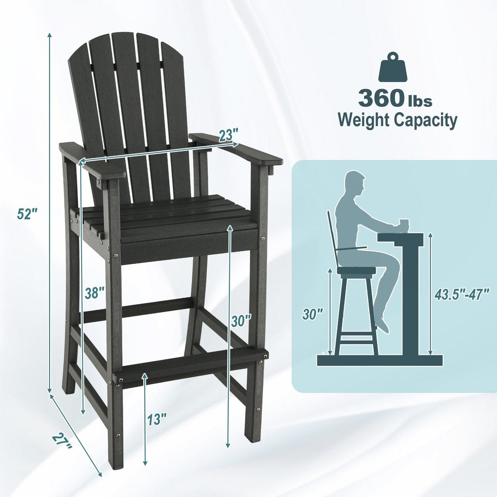 Taburete de bar para exteriores de HDPE con altura de mostrador de 30 pulgadas, reposabrazos y reposapiés - Negro