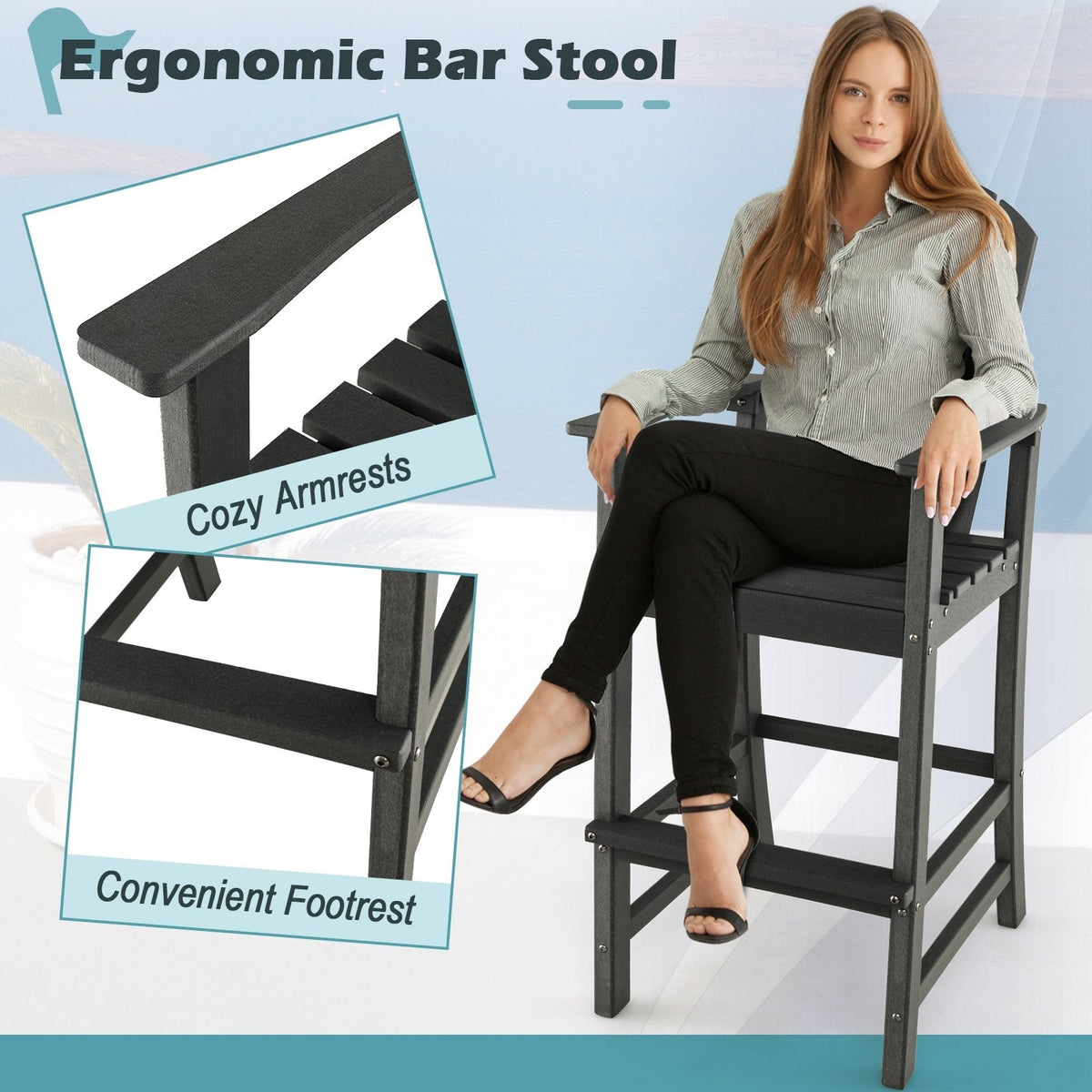 Taburete de bar para exteriores de HDPE con altura de mostrador de 30 pulgadas, reposabrazos y reposapiés - Negro
