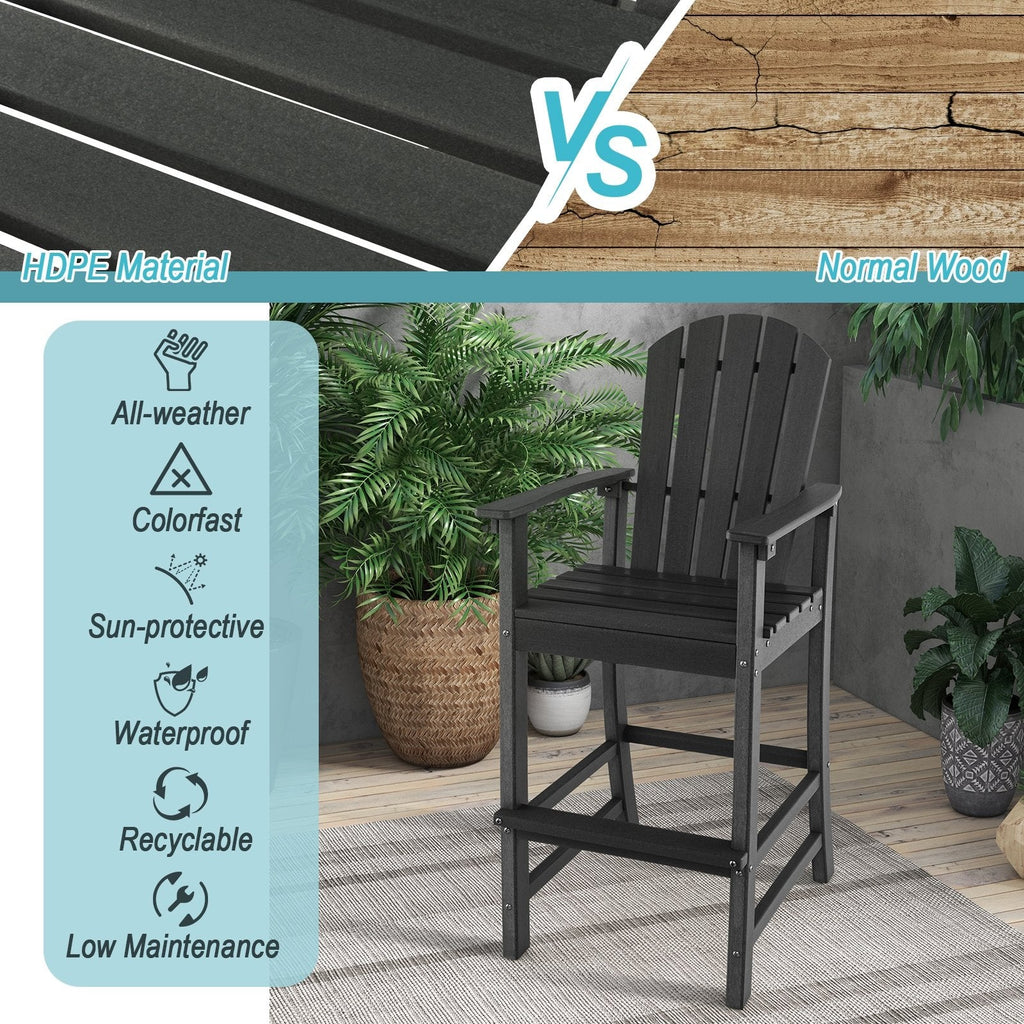 Taburete de bar para exteriores de HDPE con altura de mostrador de 30 pulgadas, reposabrazos y reposapiés - Negro
