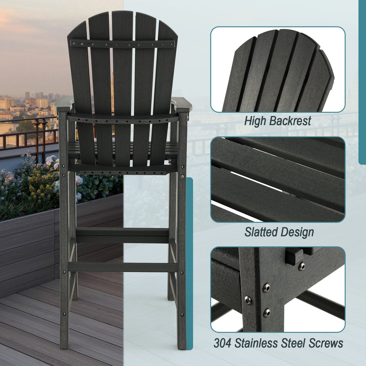 Taburete de bar para exteriores de HDPE con altura de mostrador de 30 pulgadas, reposabrazos y reposapiés - Negro