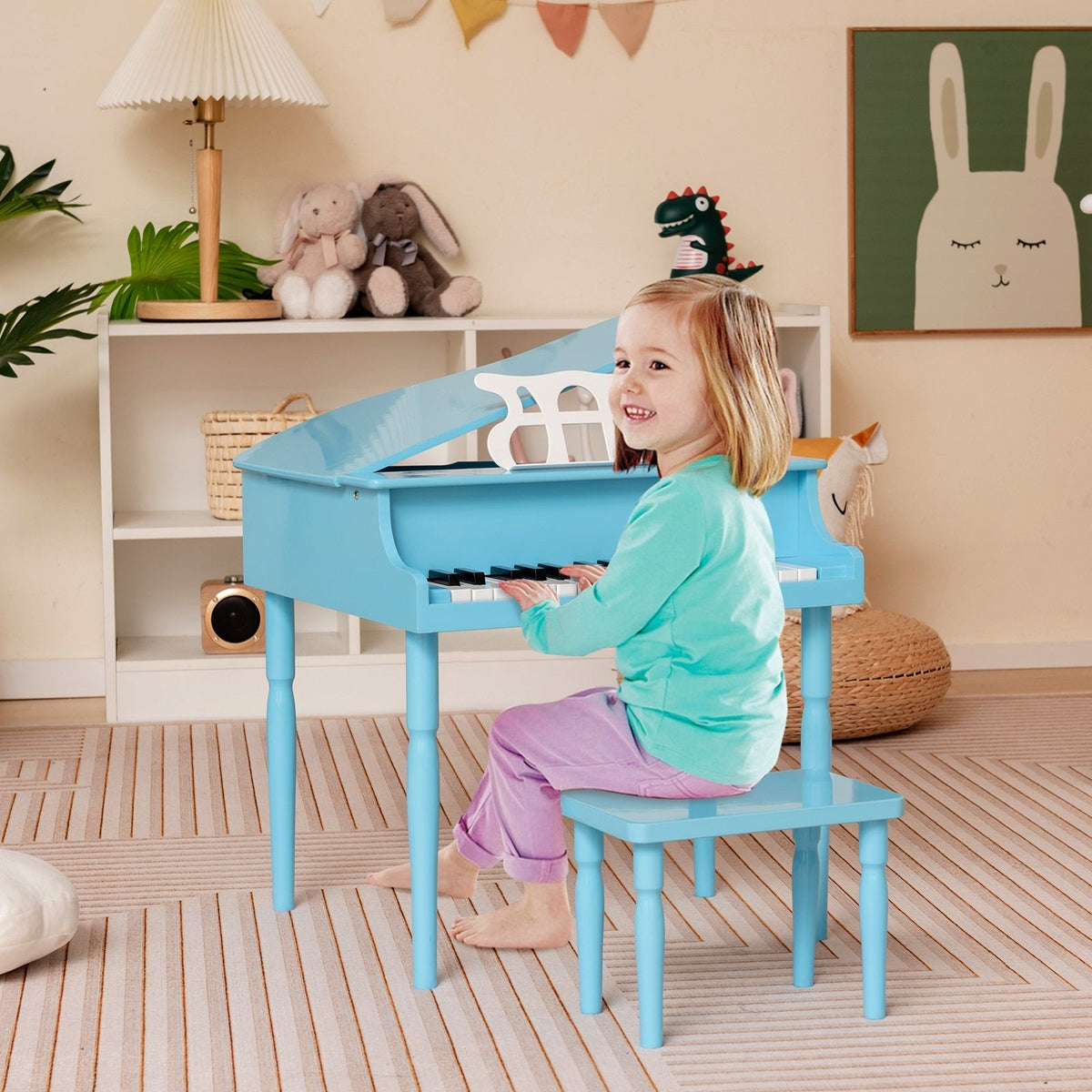 Piano à queue jouet en bois 30 touches pour enfants avec banc et pupitre-Bleu