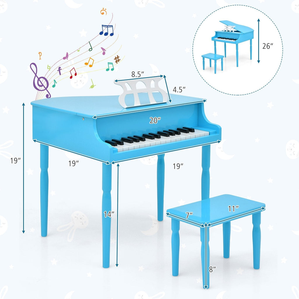 Piano à queue jouet en bois 30 touches pour enfants avec banc et pupitre-Bleu
