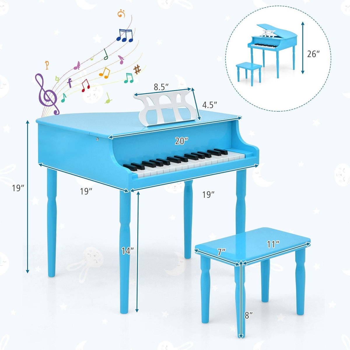 Piano à queue jouet en bois 30 touches pour enfants avec banc et pupitre-Bleu