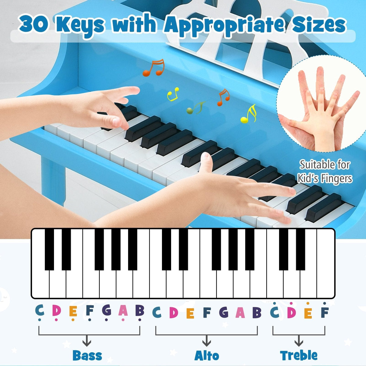 Piano à queue jouet en bois 30 touches pour enfants avec banc et pupitre-Bleu