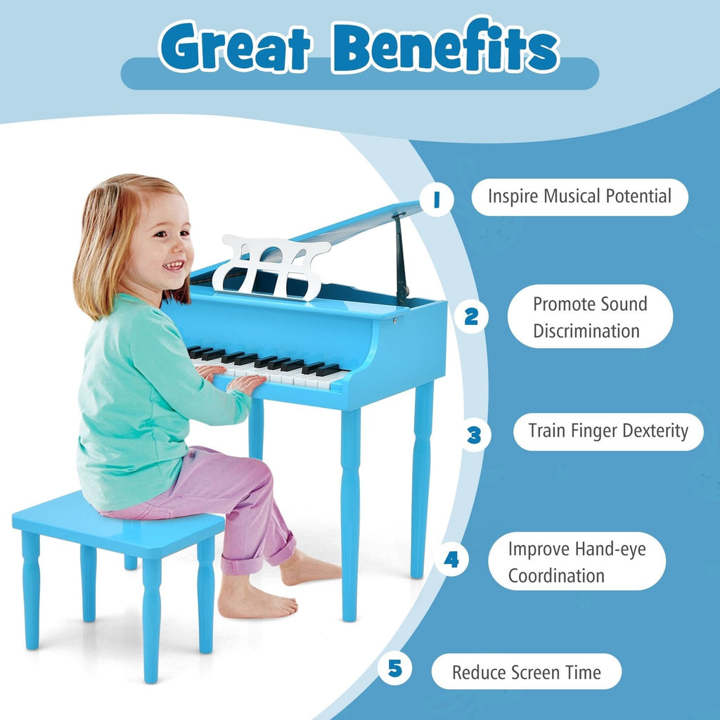 Piano à queue jouet en bois 30 touches pour enfants avec banc et pupitre-Bleu