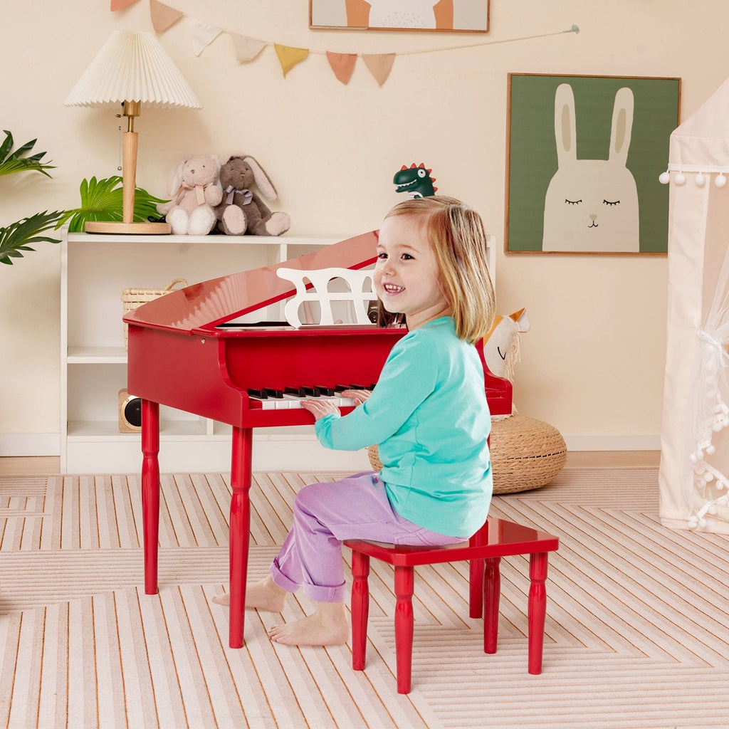 Piano de cola de juguete de madera de 30 teclas para niños con banco y atril - Rojo