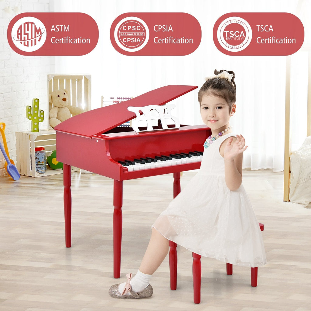 Piano de cola de juguete de madera de 30 teclas para niños con banco y atril - Rojo