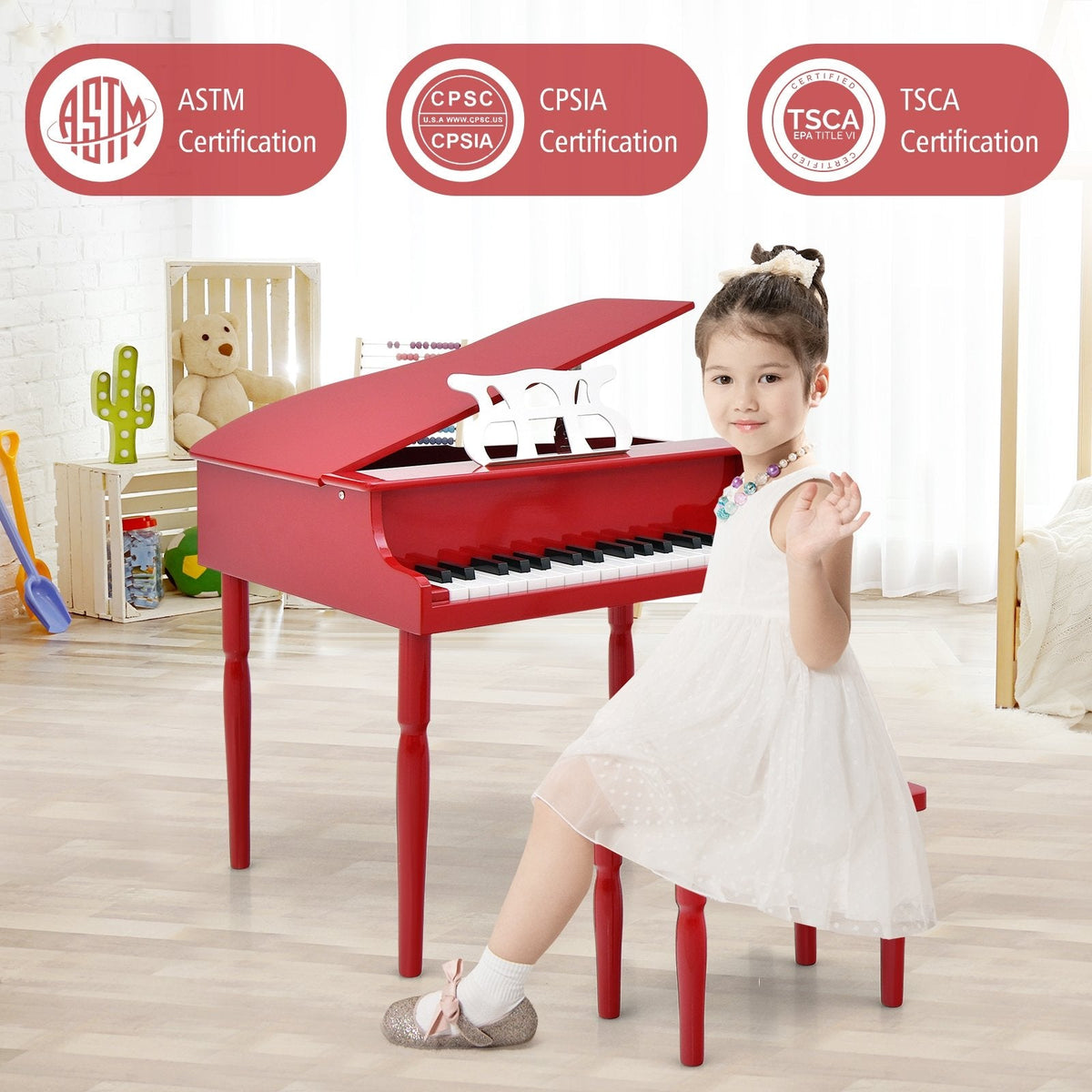 Piano de cola de juguete de madera de 30 teclas para niños con banco y atril - Rojo