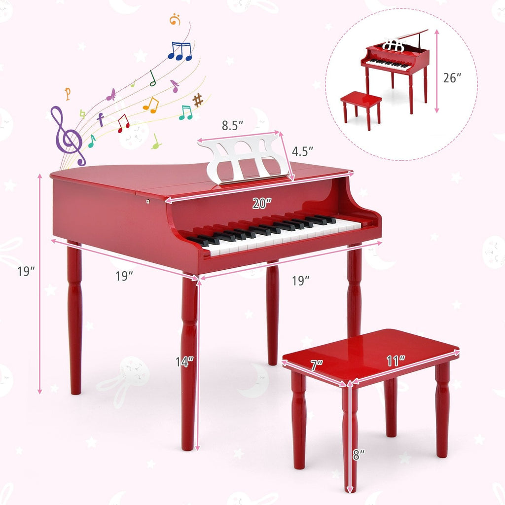 Piano de cola de juguete de madera de 30 teclas para niños con banco y atril - Rojo