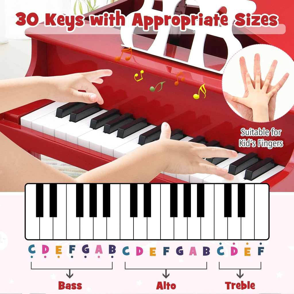 Piano de cola de juguete de madera de 30 teclas para niños con banco y atril - Rojo
