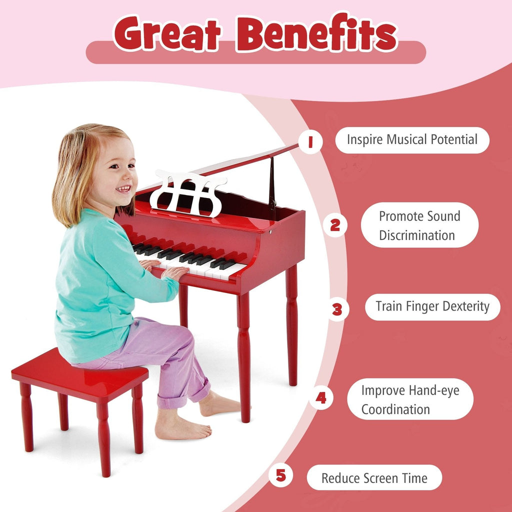 Piano de cola de juguete de madera de 30 teclas para niños con banco y atril - Rojo