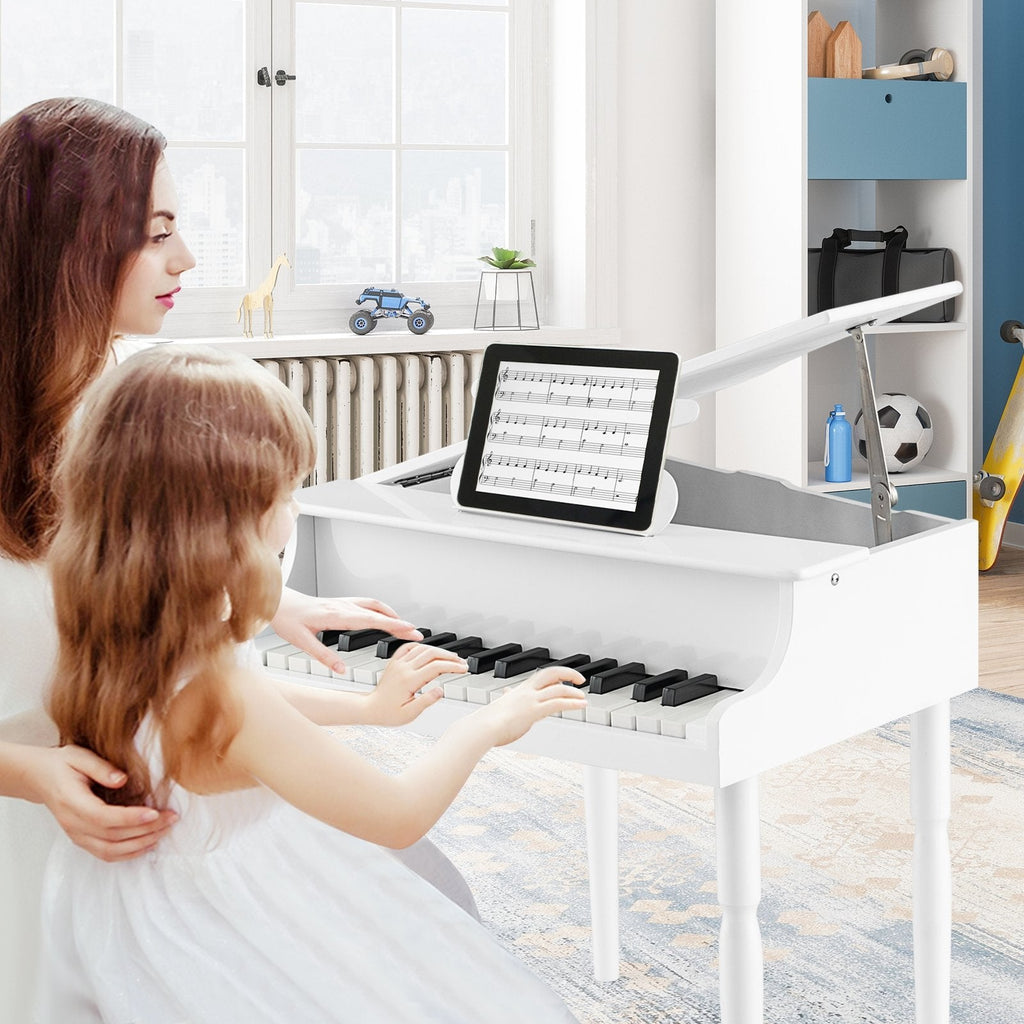 Piano de juguete de madera de 30 teclas para niños con banqueta y atril - Blanco