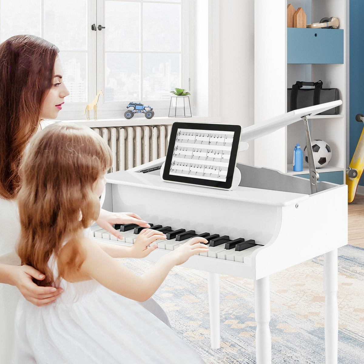 Piano de juguete de madera de 30 teclas para niños con banqueta y atril - Blanco