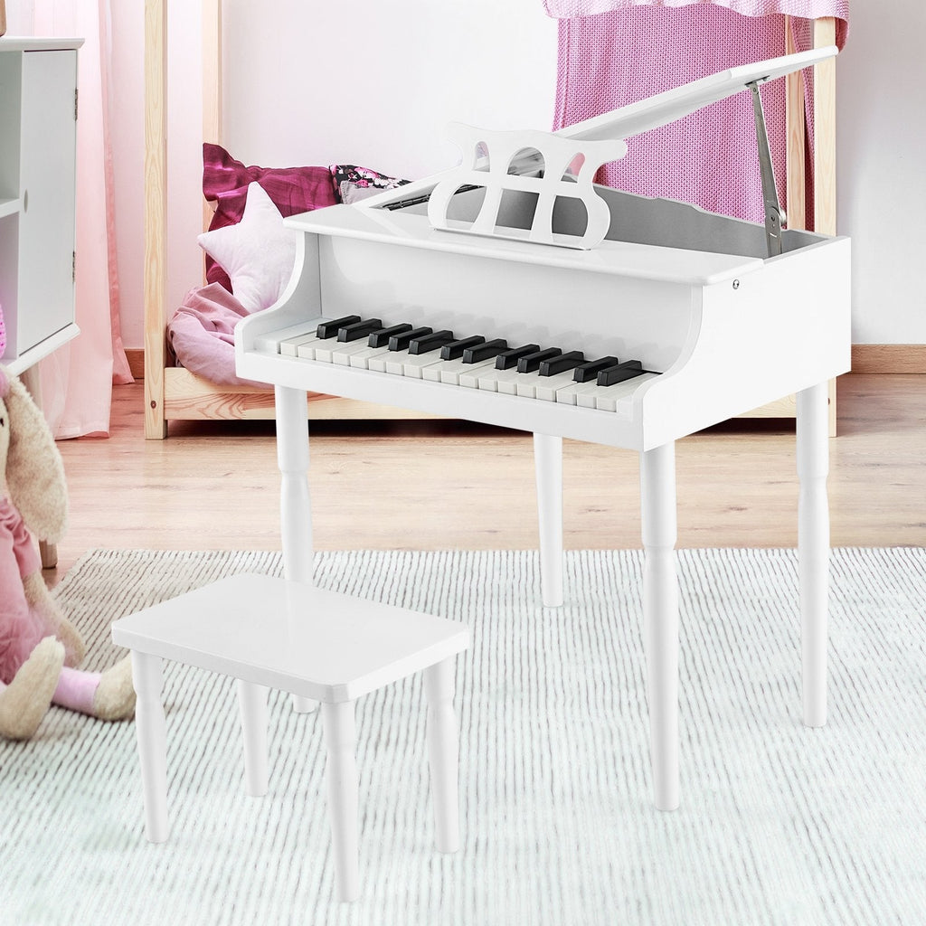 Piano de juguete de madera de 30 teclas para niños con banqueta y atril - Blanco