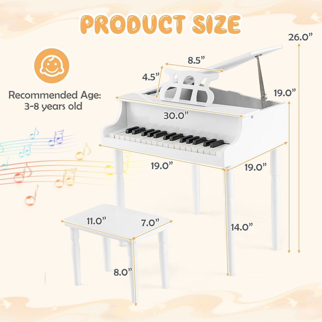 Piano de juguete de madera de 30 teclas para niños con banqueta y atril - Blanco