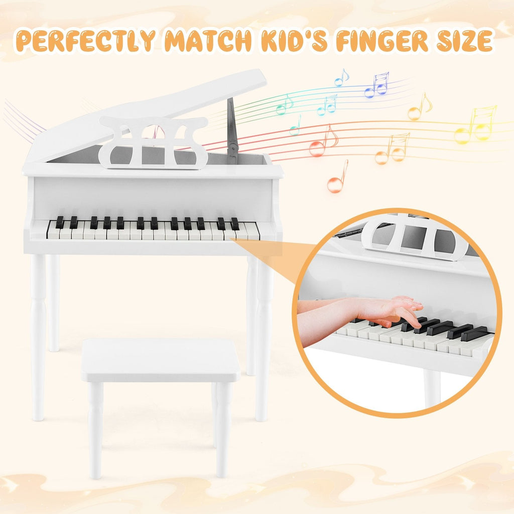 Piano de juguete de madera de 30 teclas para niños con banqueta y atril - Blanco