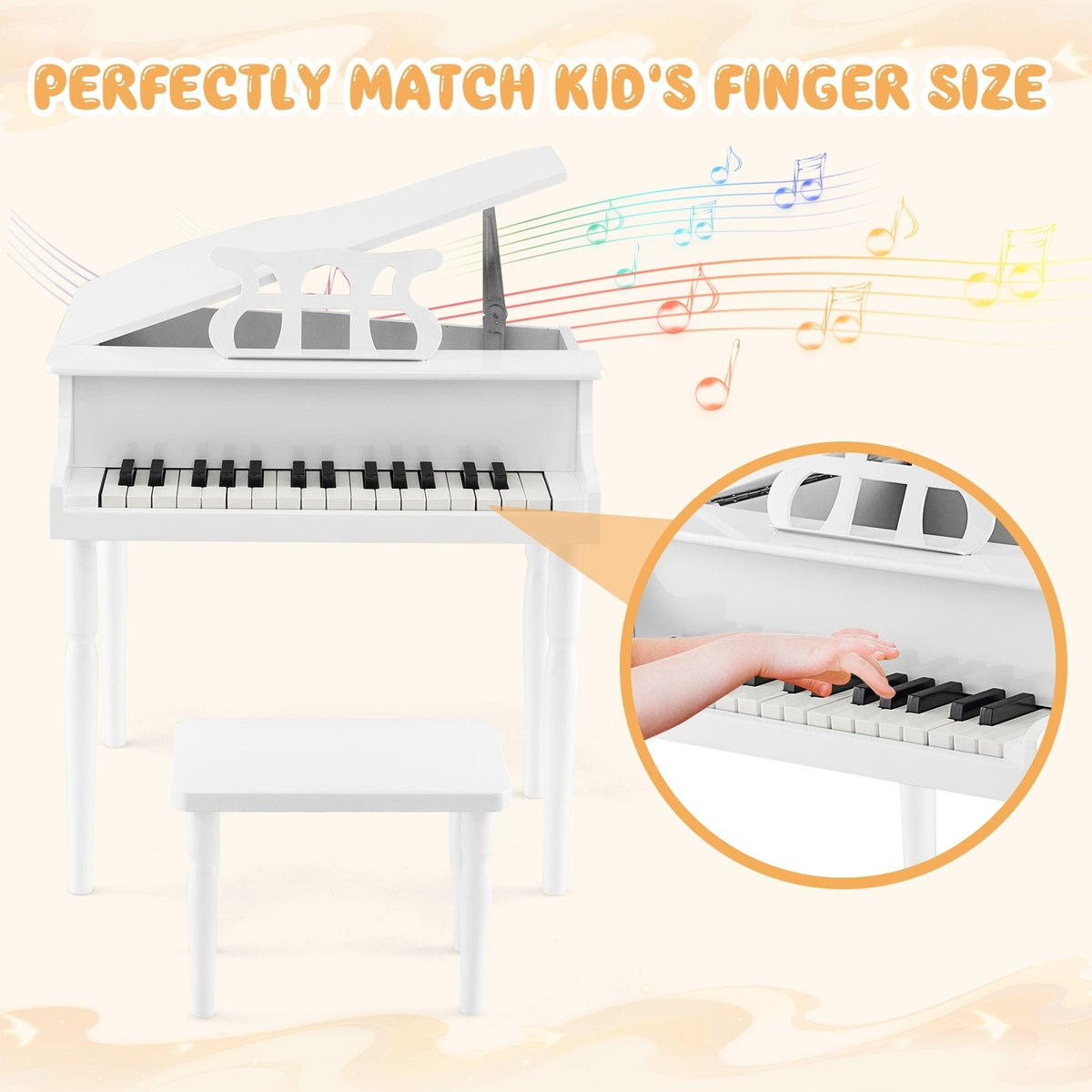 Piano de juguete de madera de 30 teclas para niños con banqueta y atril - Blanco